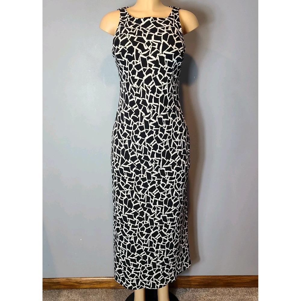 SL Fashions Dress Womens Sz 10 Black White Maxi Geo Y2K‎ Resort Stretch Casual